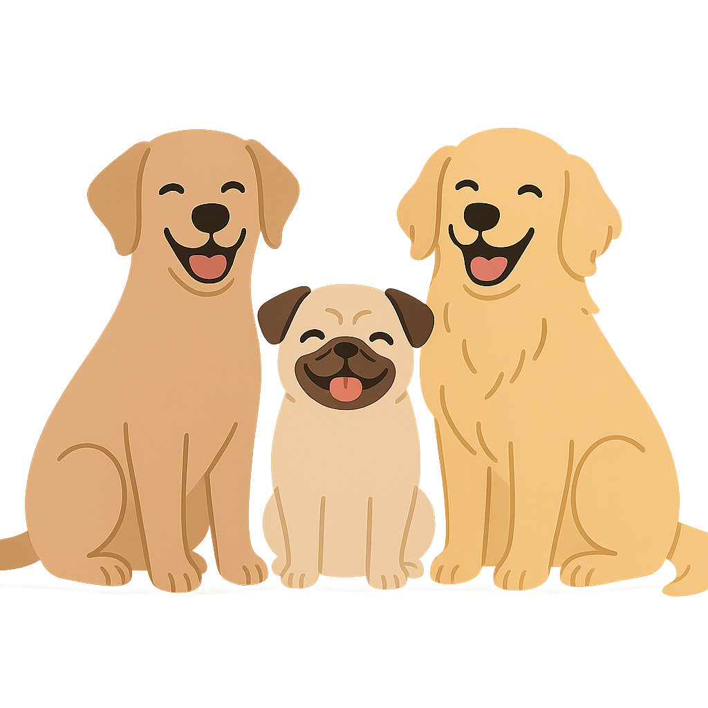 A minimalist cartoon-style illustration of three happy dogs (a Labrador, a Pug, and a Retriever) sitting together, designed in a Scandinavian flat-light style with no background, perfect for a clean homepage banner on a light background.