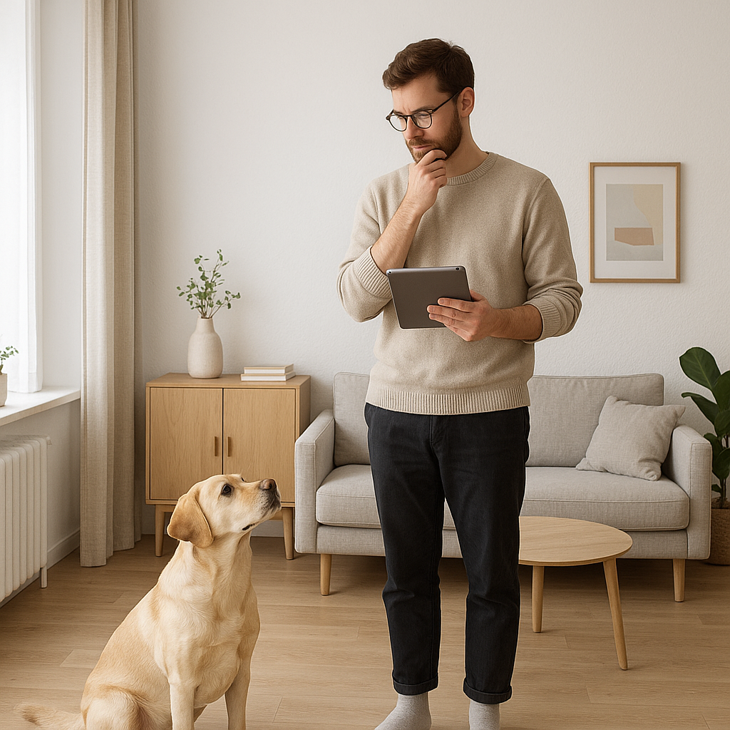 Person med surfplatta som tittar på sin hund – ett val mellan olika hundförsäkringar