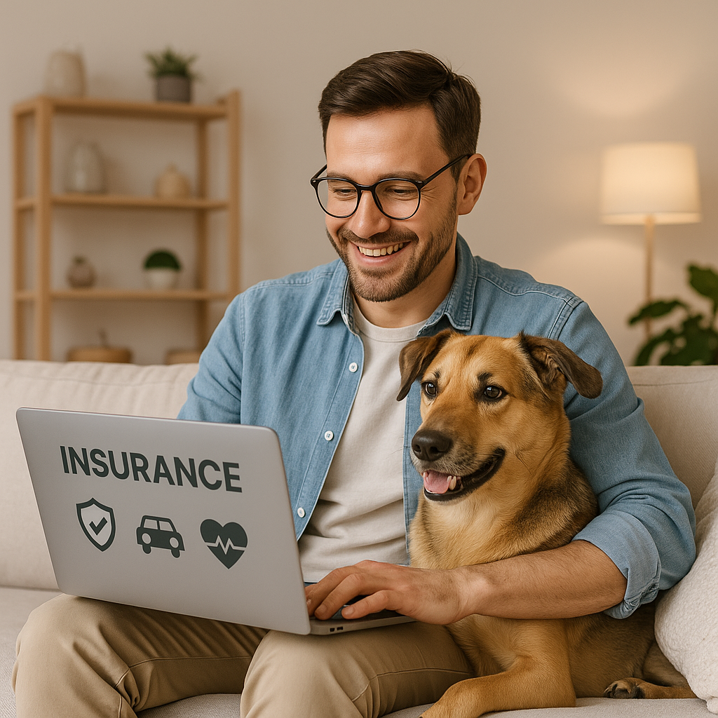 Person som jämför hundförsäkring tillsammans med sin hund